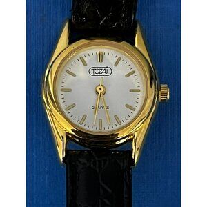 Vintage Tozai Mens White Dial Analog Quartz Watch Gold Tone New Battery